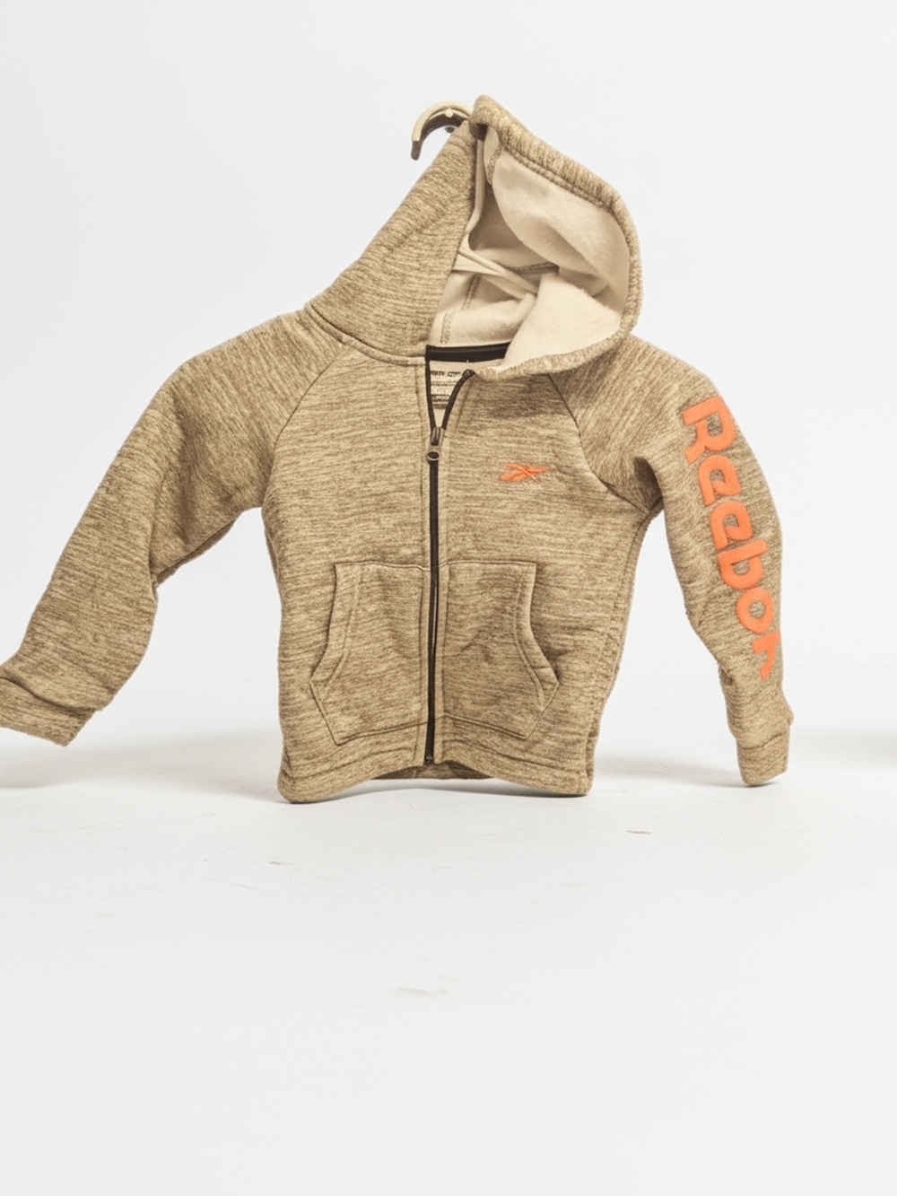 Reebok Kids Heather Tan Zip Hoodie with Orange Logo Sleeve